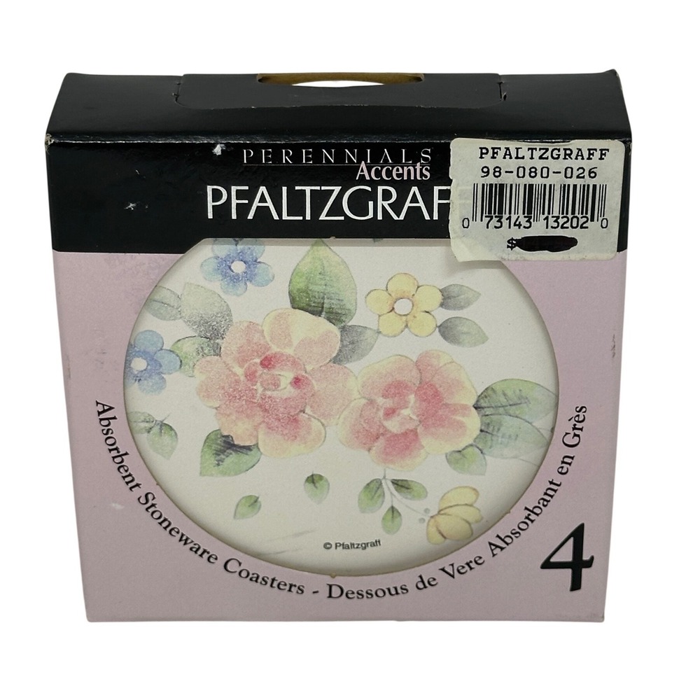 Pfaltzgraff Coasters Tea Rose Floral Absorbent Stoneware Cork Back Set 4 13202